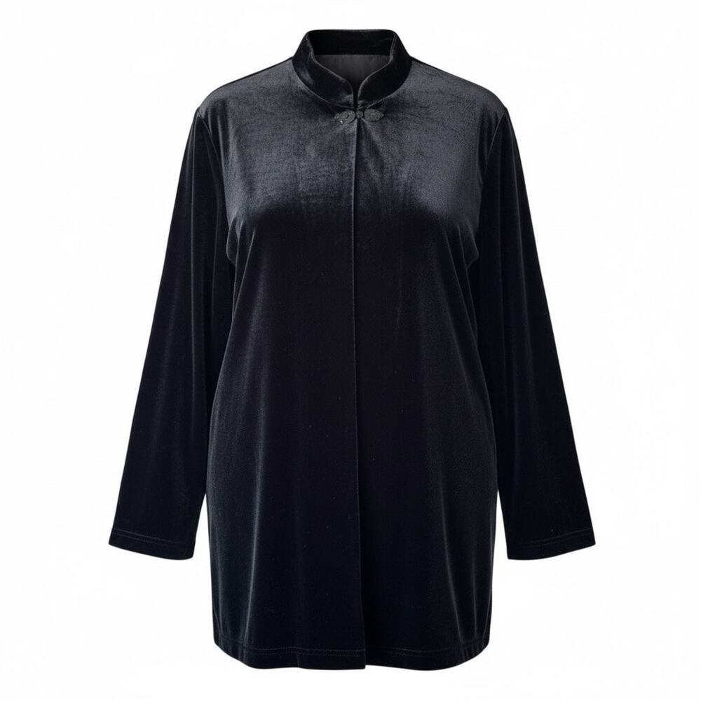 Ulla Popken Women's Plus Size Black‎ Velvet Long Mandarin Collar Cardigan - 2X